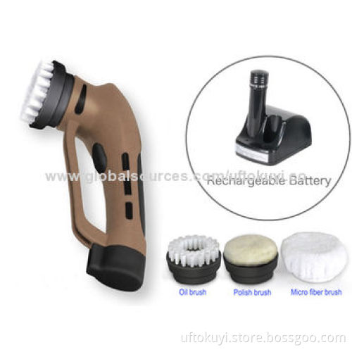 Cordless shoe polisher, home use for leather and shoe and furniture care, 3 interchangeable brushes